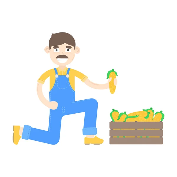 Agricultor com bigode vestido com um macacão azul com calos — Vetor de Stock