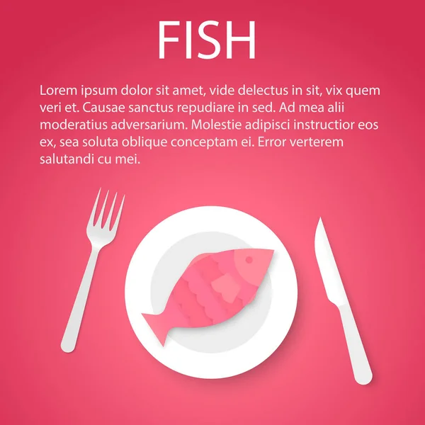 Готовая рыба на тарелке с вилкой и ножом, на красном фоне с текстом — стоковый вектор