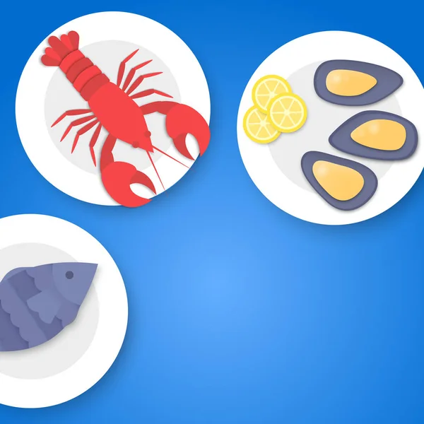 Poisson cuit, homard et moules dans l'assiette. Fruits de mer sur fond bleu — Image vectorielle