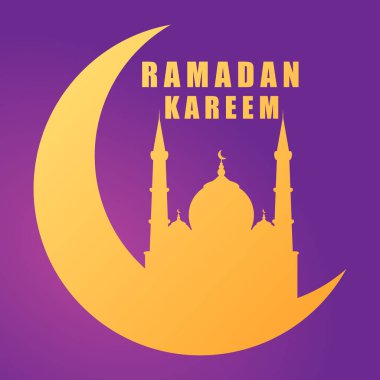 Ramazan kareem siluet Camii mor arka plan üzerinde Hilal ay üzerinde