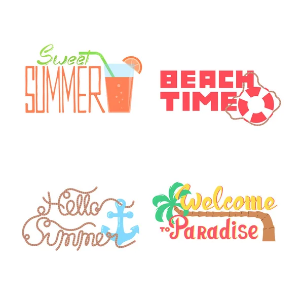 Letras mão desenhada conjunto com logotipos, banners e ícones para festa de verão — Vetor de Stock