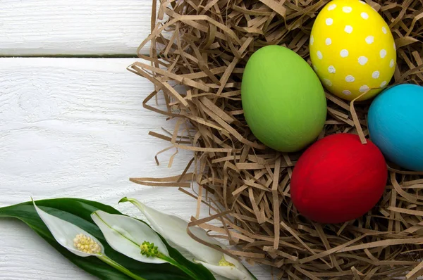 Huevos Pascua Colores Nido Con Vista Superior Flores Sobre Fondo —  Fotos de Stock