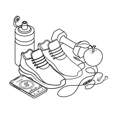 Fitness equipment sneakers, smartphone with app, dumbbell, headphones, bottle of water and apple in line isometric.