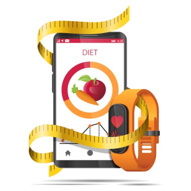 Concept diet app with measure tape, smartphone and fitness watch realistic