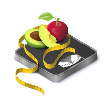 Avocado, apple and measure tape on weight scale isometric realistic. Concept fitness weight lose and diet