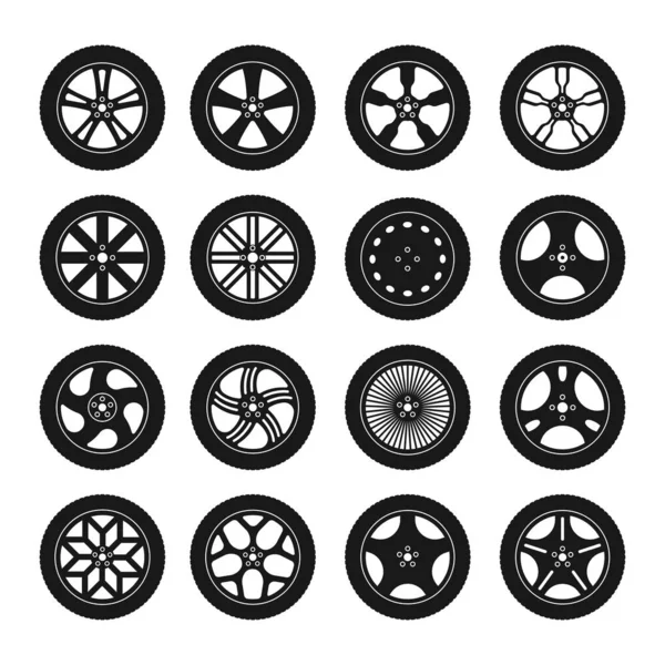 Set with silhouette car tire and wheel icons isolated