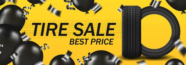 Banner tire sale with car tire and black balloons and confetti on yellow background — 图库矢量图片