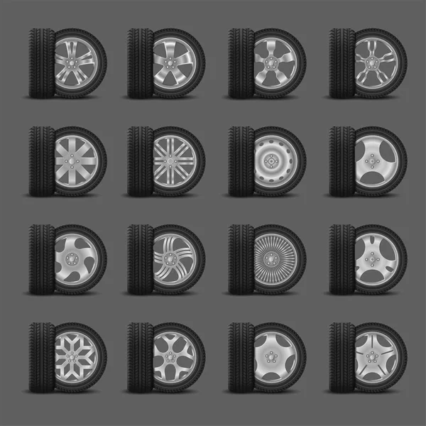 Conjunto de pneus e rodas de carro realista ícones pacote — Vetor de Stock