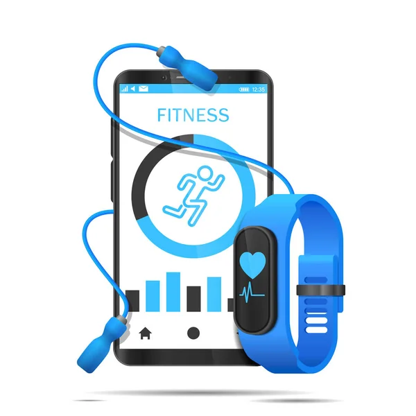 Skipping rope wraps around smartphone with app and fitness watch realistic — 图库矢量图片