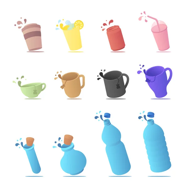 Set con diferente taza, taza y botella de levitación isométrica con gotas — Vector de stock
