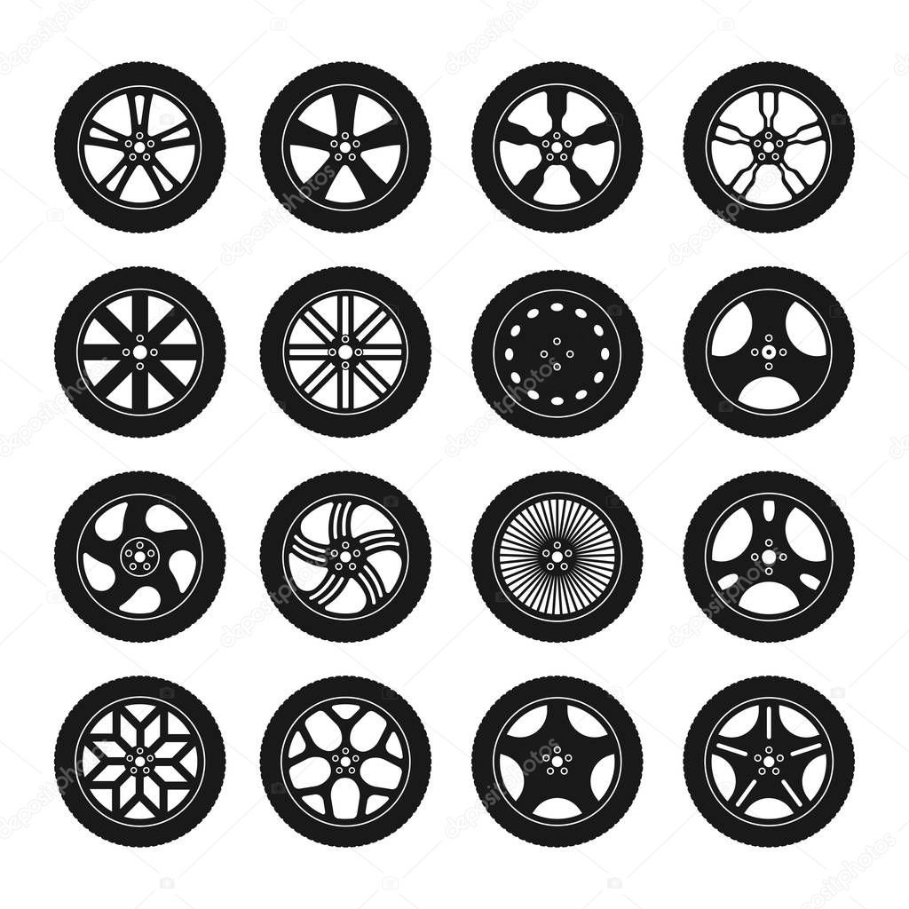 Set with silhouette car tire and wheel icons isolated