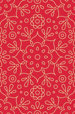 Kırmızı arka planda çiçek süsü ve Hindu kına deseni var.