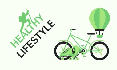 Bisiklet, silindirler ve balon. Metinde dağcı olan sağlıklı yaşam tarzını kavra