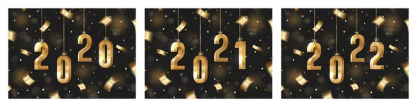 Висячі новорічні золоті номери 2020, 2021 та 2022 років з конфетті та змією на чорному тлі — стоковий вектор