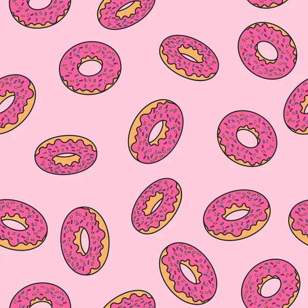 Donuts motif sans couture avec glaçure rose isométrique rétro bande dessinée style pop sur fond rose — Image vectorielle
