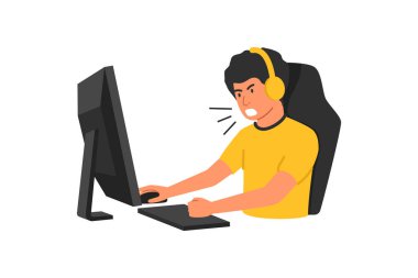 Oyuncu online video oyununda oynar ve kaybetmeye kızar, kulaklıklarda ve bilgisayar faresi ve keayboard ile. Profesyonel oyuncu esport çizgi filmini kavra