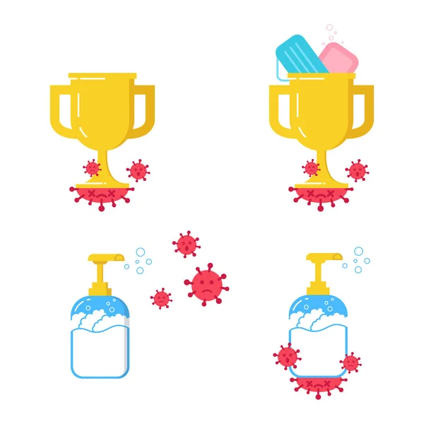 Υγρό Σαπούνι Και Κύπελλο Τρόπαιο Σαπούνι Και Facemask Καταστρέψει Βακτήρια — Διανυσματικό Αρχείο