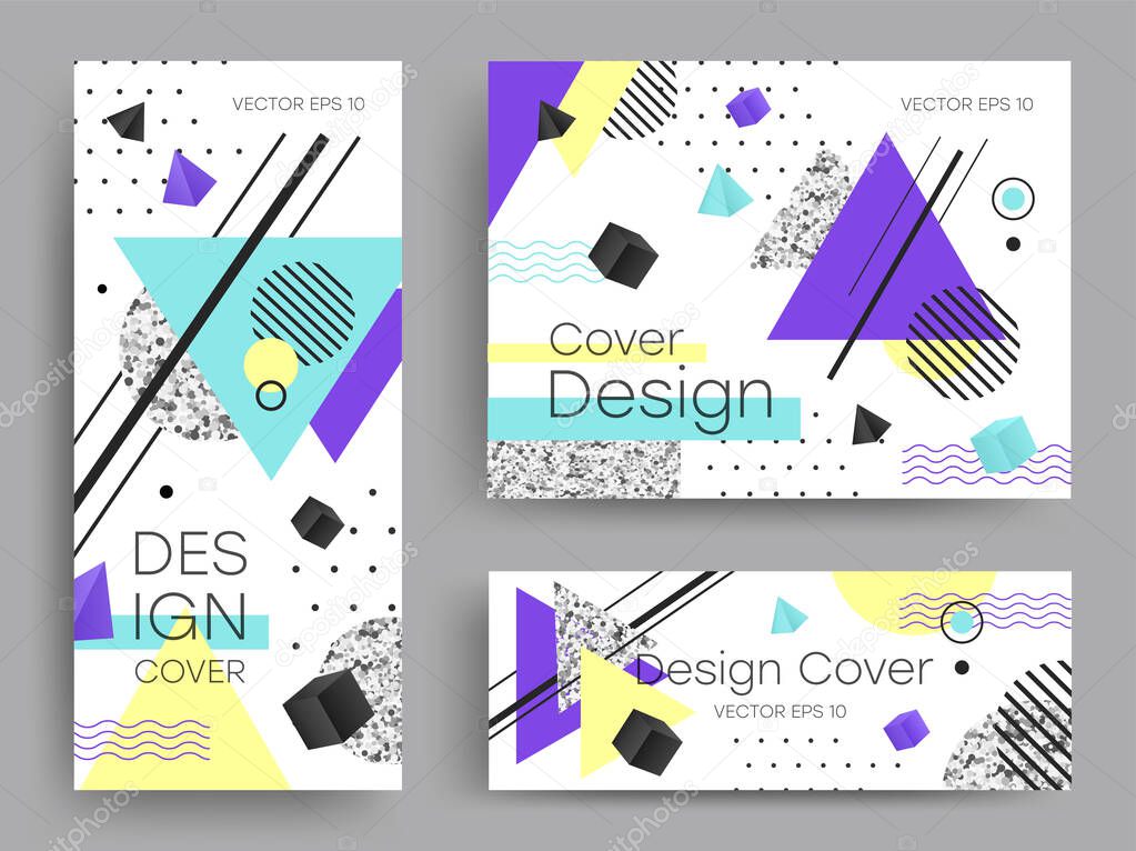 Covers templates set with bauhaus, memphis and hipster style graphic geometric elements. Applicable for placards, brochures, posters, covers and banners. EPS10 vector