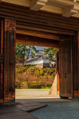Odawara, Japonya, 14 Mart 2019 - Kanto Bölgesindeki Odawara Kalesi Parkı 'nı ziyaret ediyoruz. Ana kule eski bir kapıdan görünüyor.