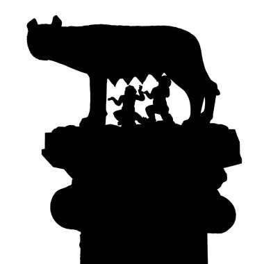 Roma İmparatorluğu 'nun şafağı. Efsanevi Capitoline Wolf ve kraliyet ikizleri Roma 'daki Capitol Hill' in tepesinde (beyaz arka planda izole edilmiş))