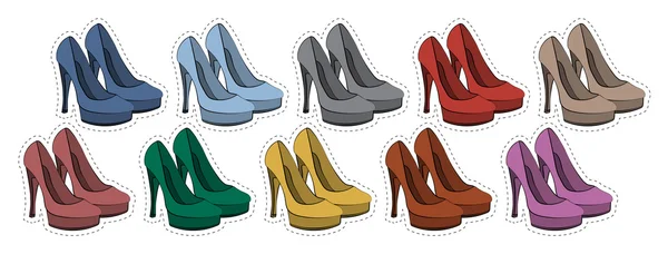 Vector conjunto de pegatinas insignias zapatos femeninos en diferentes colores 80s-90s estilo cómico — Archivo Imágenes Vectoriales