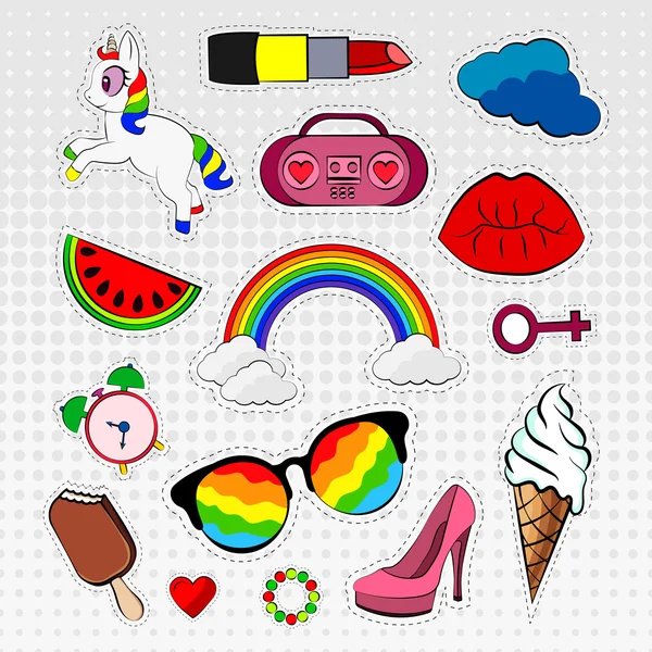 Ensemble vectoriel d'autocollants, étiquettes, badges icônes colorées, licorne, arc-en-ciel, couleur , — Image vectorielle