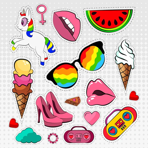 Vector set stickers, labels, badges kleurrijke pictogrammen, Eenhoorn, regenboog, kleur, — Stockvector