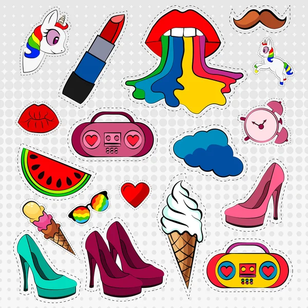 Vector icons set of stickers in different colors 80s 90s in comic style — Stock Vector