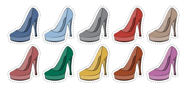 Vector conjunto de pegatinas insignias zapatos femeninos en diferentes colores 80s-90s estilo cómico — Archivo Imágenes Vectoriales