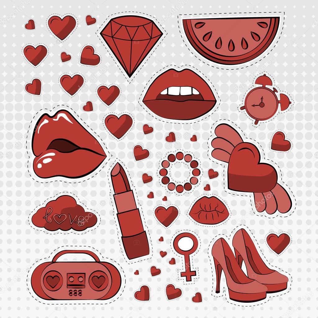 Vector icons set of stickers in different colors 80s 90s in comic style