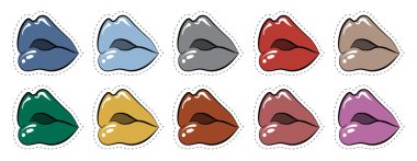 Çıkartmalar dudaklar rozetleri farklı renkler 80s 90s çizgi roman tarzı vektör kümesi