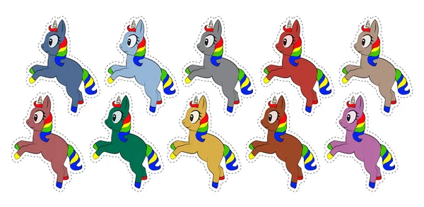 Vector set stickers badges pony's van verschillende kleuren 80s 90s komische stijl — Stockvector