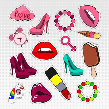 Vektör simgeler kümesi etiketleri farklı renkler 80s 90s komik tarzı