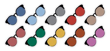 vektör çıkartmaları gözlükler farklı renk kümesi 80s 90s çizgi roman tarzı rozetleri.