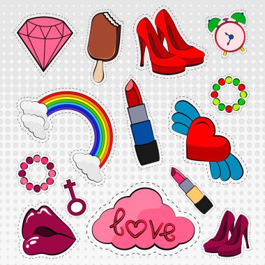 Vektör simgeler kümesi etiketleri farklı renkler 80s 90s komik tarzı