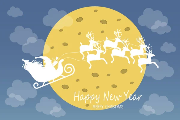 Santa Claus está volando en un trineo con renos en el fondo de la luna. Perfecto para sus tarjetas de felicitación — Vector de stock
