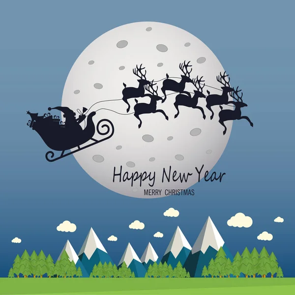 Santa Claus está volando en un trineo con renos en el fondo de la luna. Perfecto para sus tarjetas de felicitación — Vector de stock