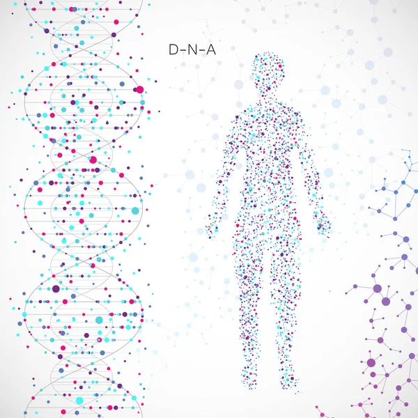 Абстрактный силуэт человека в структуре ДНК и атомном фоне. Векторная иллюстрация. Красивая молекула спирали — стоковый вектор