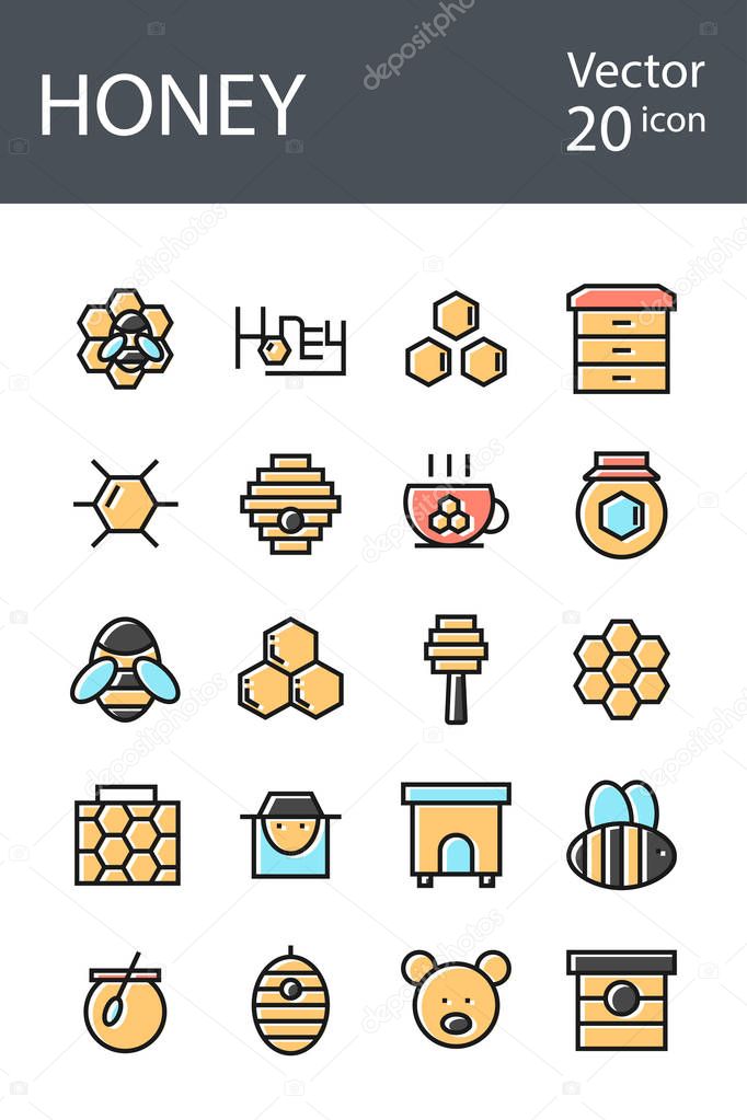 honey icons set in retro style with mixed color, the trend in 2017, an excellent solution for SEO, mobile applications, web sites, pixel perfect