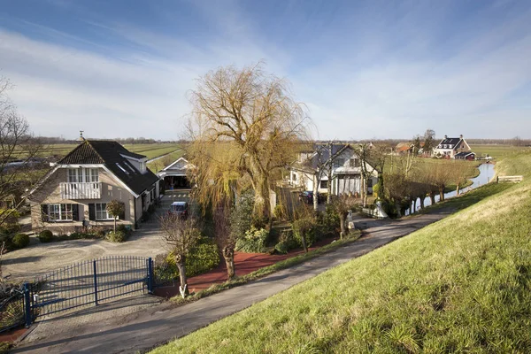 Голландский пейзаж польдера с фермой и несколькими домами — стоковое фото