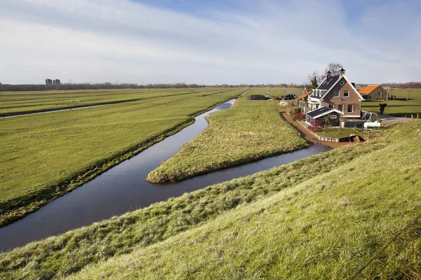 Niederländische Polderlandschaft mit Bauernhof und einigen Häusern — Stockfoto