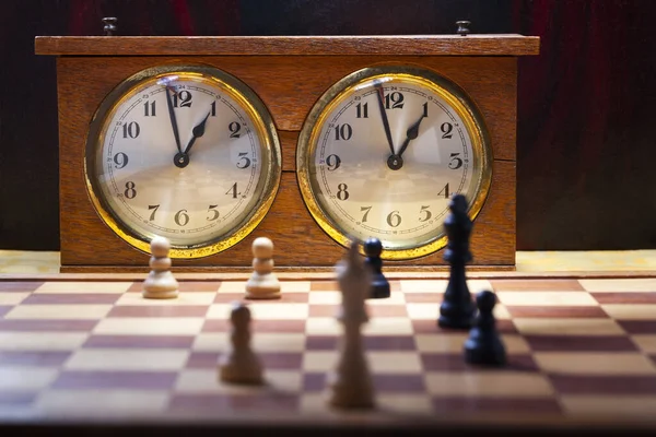 Old Wooden Vintage Chess Clock Endgame Chessboard Stock Photo