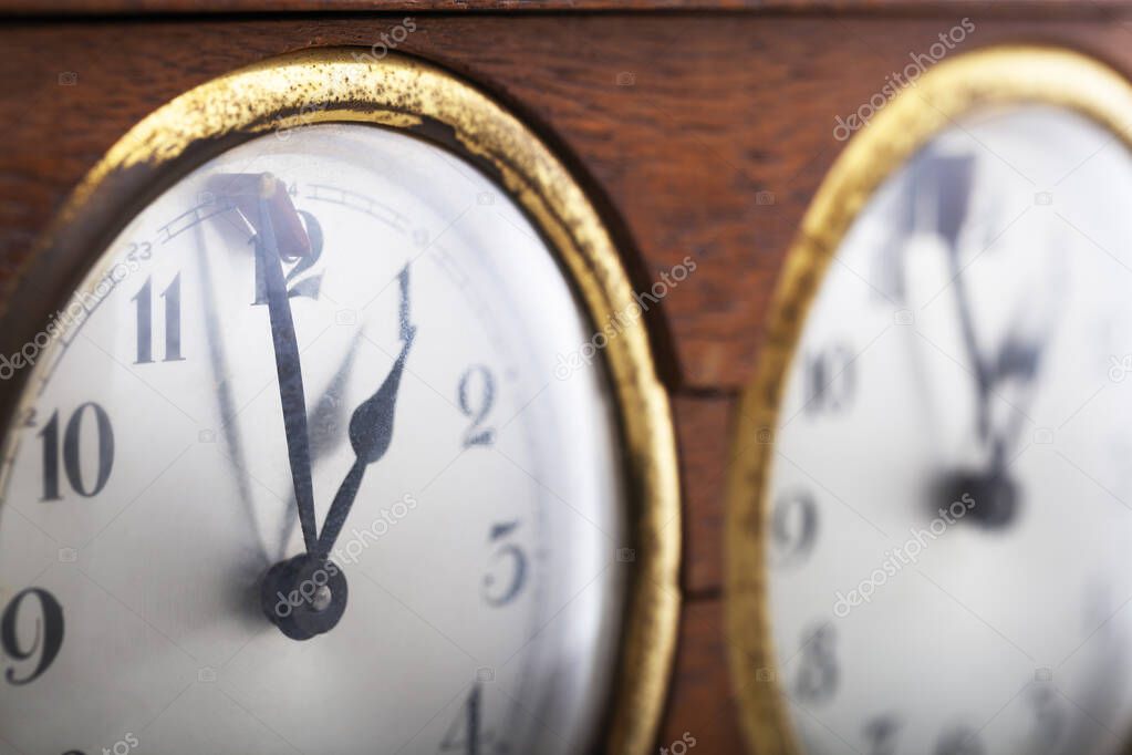 Time passes on old nostalgia wooden vintage chess clock 