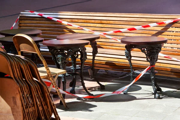 Cinta Barrera Alrededor Las Terrazas Vacías Rotterdam Durante Cierre Debido Fotos De Stock