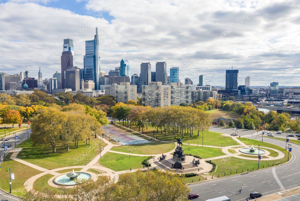 Drone view on the Philadelphia Skyline