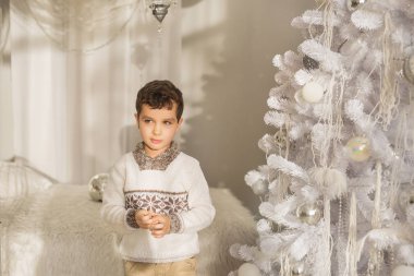Sevimli küçük çocuk Noel ağacının yanında duruyor