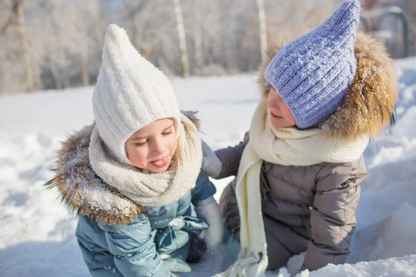 Ritratto di due bambine che giocano sulla neve in inverno — Foto Stock
