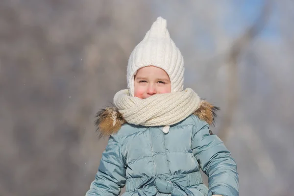 Portrait of little girl in warm wear walks in winter — Stock Photo, Image