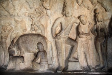 Krishna mandapa-Bas relief heykel Mamallapuram, Hindistan 