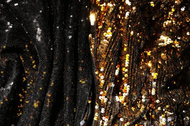 Arkaplan pulu. Yanıp sönen ışıklarla birlikte tatil soyut ışıltı arka planı. Parlak renkli kumaş pullar. Moda kumaşı